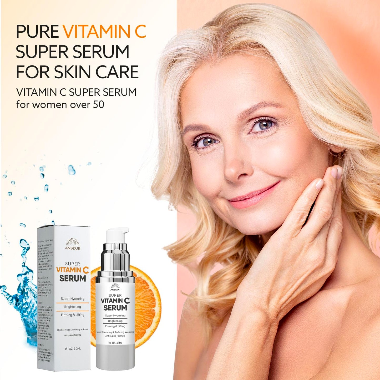Super Vitamin C Serum for Women Over 70: Vitamin C Face Serum, Niacinamide, Bakuchiol, Hyaluronic Acid, Hydrating, Lifting, Reduces Aging Spots and Wrinkles - Korean Skin Care, 1 fl oz