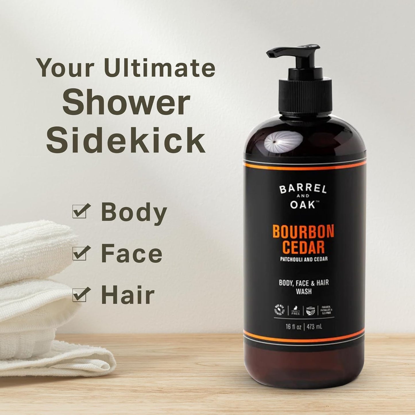 Barrel & Oak All-in-One Wash - Vegan Hydrating Face, Hair & Body Cleanser | Bourbon Cedar, 16 oz