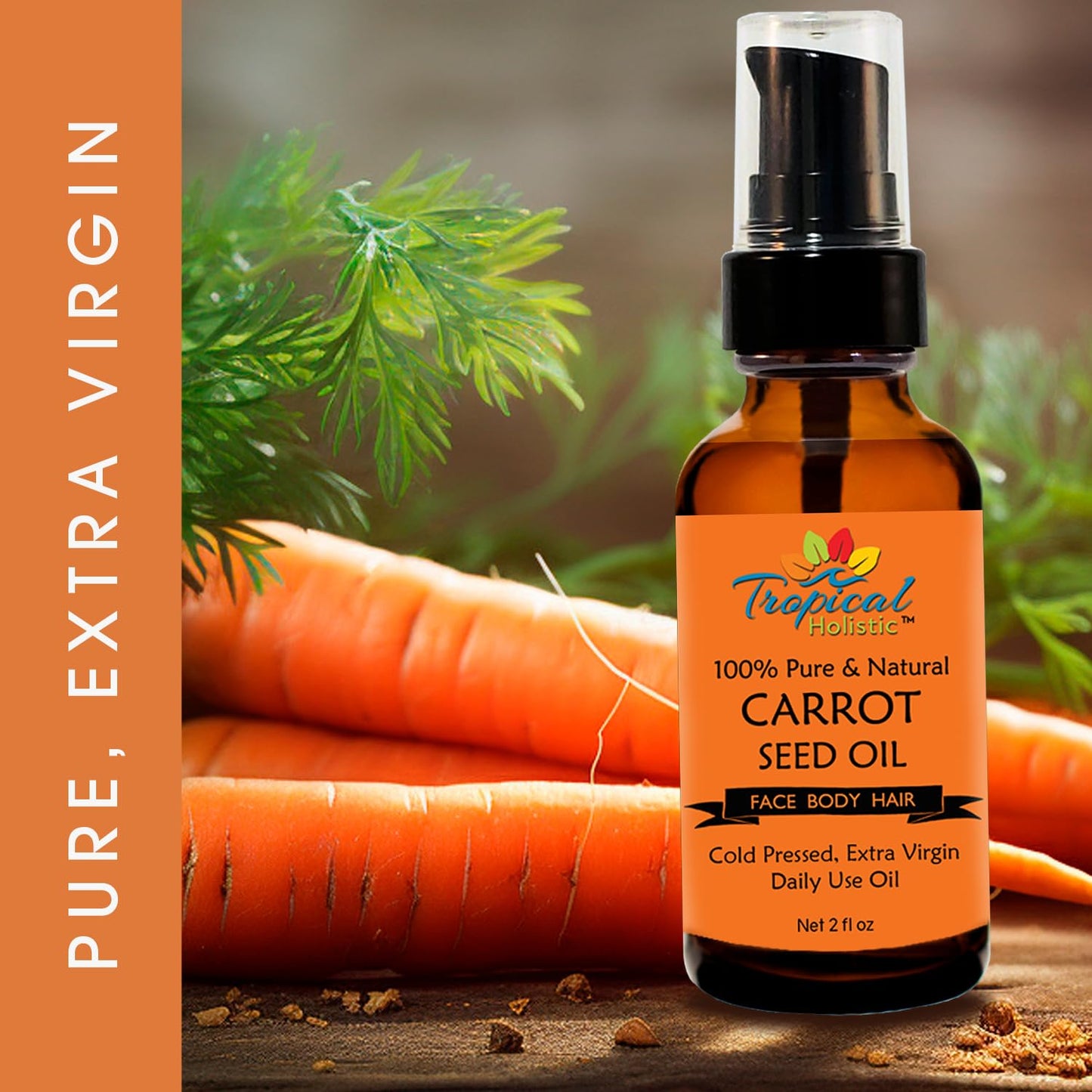 Tropical Holistic 100% Pure Natural Carrot Seed Oil 2oz, Natural, Cold Pressed, Unrefined Carrot Oil for Youthful, Radiant Skin, Face, Hair, Anti Wrinkle & Moisturizing