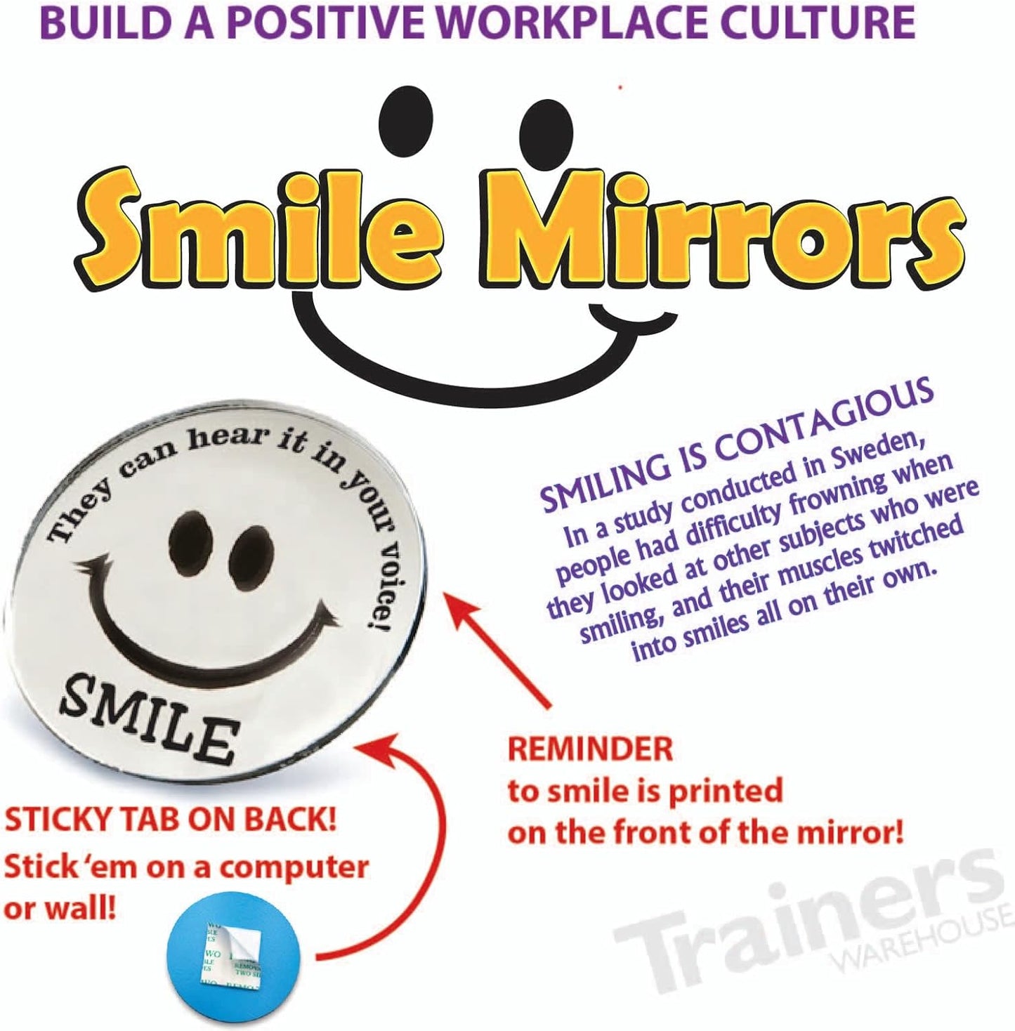 Mini Round Smile Mirrors - Positive Energy Reminder | 2.25 Inch Diameter Adhesive Backing (10-Pack)