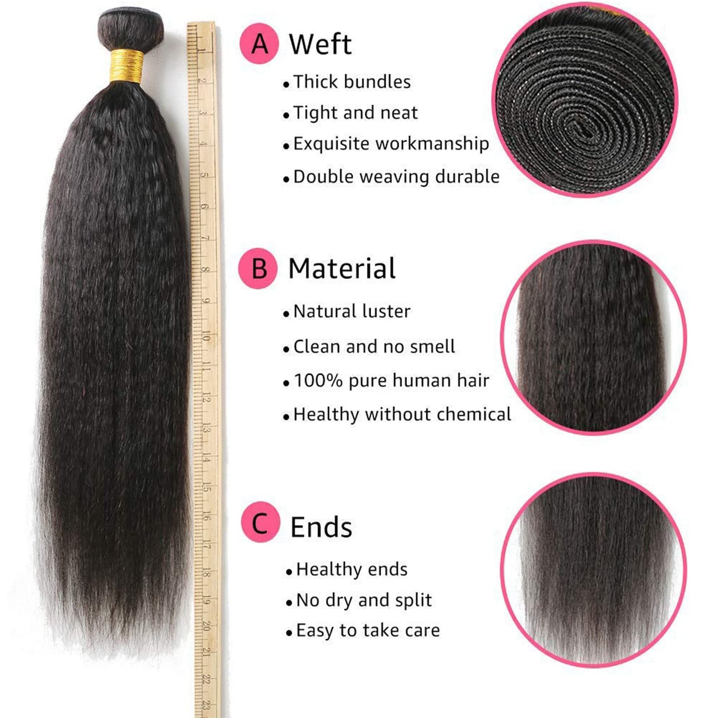 DAIMER Kinky Straight Human Hair Weave Unprocessed Virgin Hair Brazilian Yaki Straight Bundle Human Hair Weft Real Hair Extensions 16 Inch Natural Color