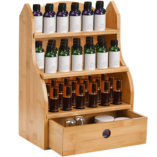 Dicunoy Essential Oils Storage Case, 46 Slots Nail Polish Shelf Display Rack with Drawer, Bamboo 3 Tiers Essential Oil Organizer Holds 10/15/20/30ml Bottles for Home, Cosmetic Shelf, Fairs, Shop