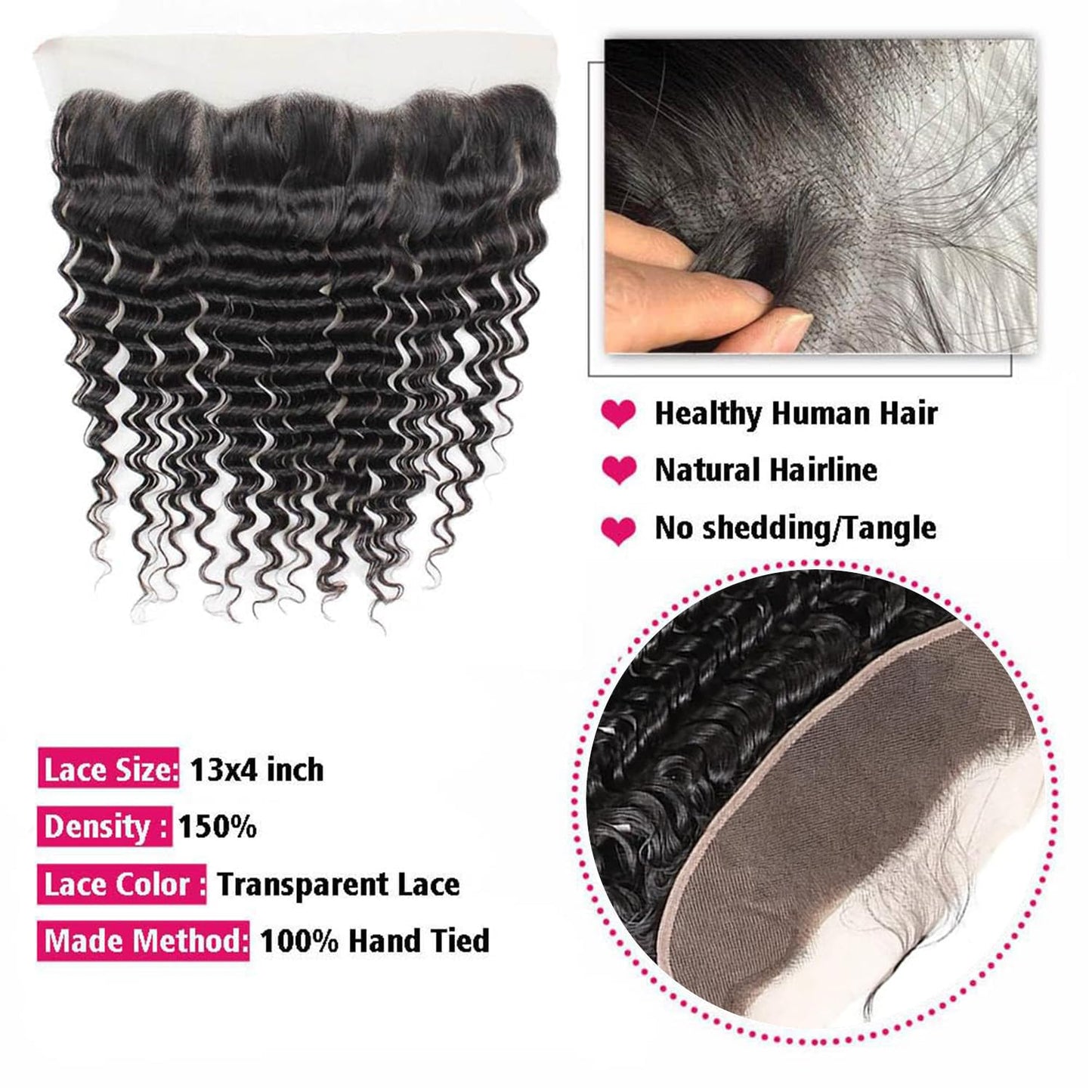 Deep Wave Lace Frontal Closure - 13x4 HD Lace 16 Inch Brazilian Curly Virgin Human Hair Extensions | Pre-Plucked, Natural Black, 150% Density
