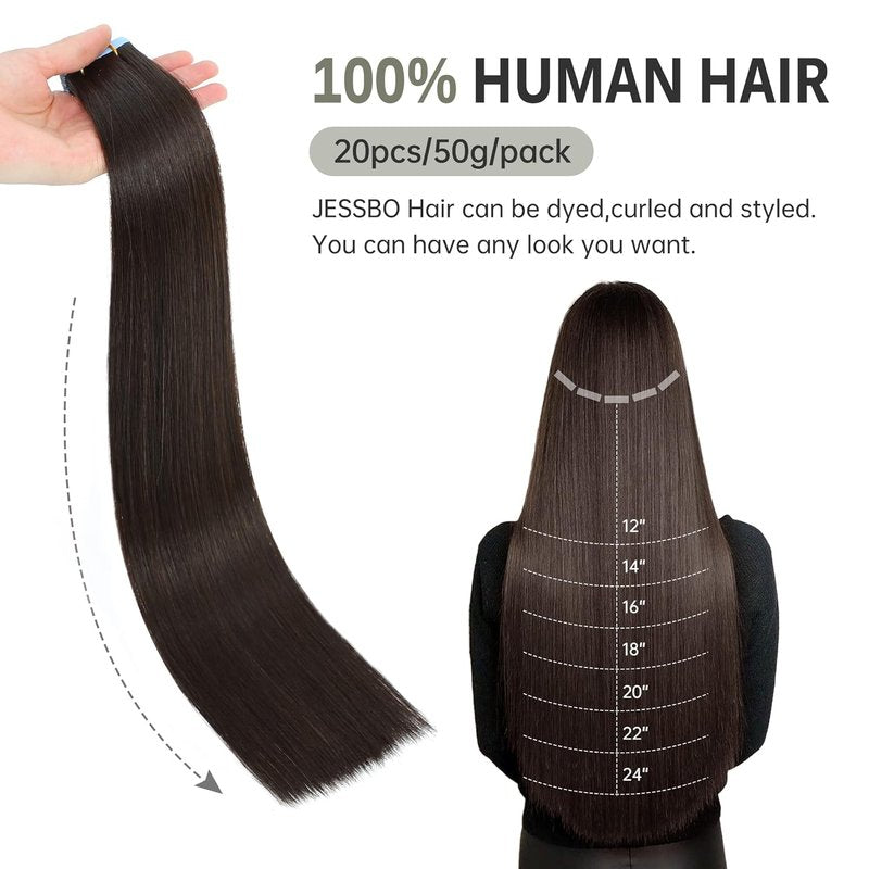 Tape In Hair Extensions - 100% Real Human Hair, Straight Dark Brown - 20 Inch, 50g, Seamless Weft for Women