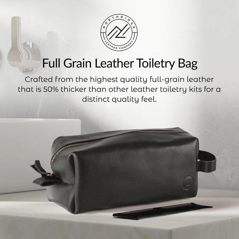 Northridge Leather Premium Leather Toiletry Bag For Men - Travel Bag, Shaving Kit Bag & Toiletry Organizer - Full Grain Leather (Single Zip, Brown)