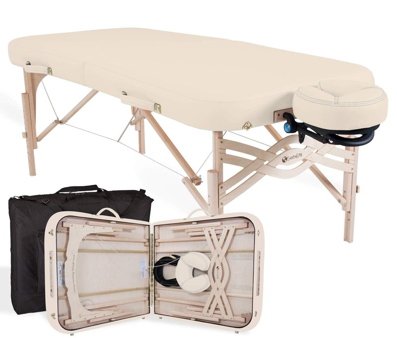 EarthLite Premium Portable Massage Table Package Spirit - Spa-Level Comfort, Deluxe Cushioning incl. Flex-Rest Face Cradle & Strata Face Pillow, Carry Case (30/32” x 73”) - Made in USA, Vanilla