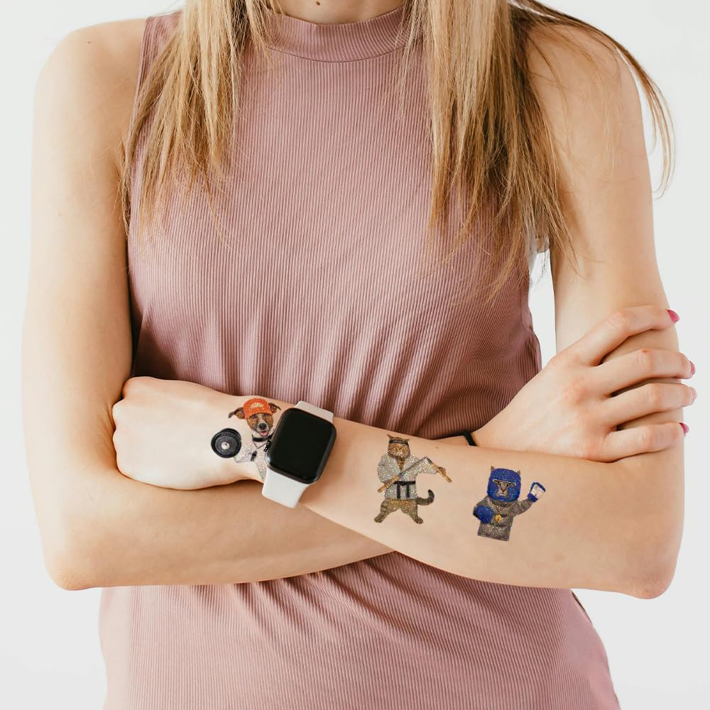 Oottati 12 Sheets Waterproof Temporary Tattoos Stickers Small Cute Animal Loves To Gym Cat Dog Mouse Keep Fit Boxing Jumping Weightlifting Dumbbell Kettlebell Rope Suit For Kids And Adults
