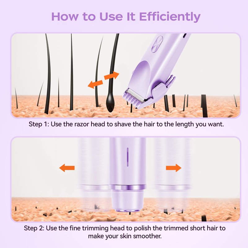 GEREFET Dual Head Bikini Trimmer for Women, IPX7 Waterproof Wet & Dry Use, Electric Bikini Shaver and Epilator 2-in-1 Electric Razors for Women Bikini Underarm Body Leg Arm Face Intimate Areas,Purple