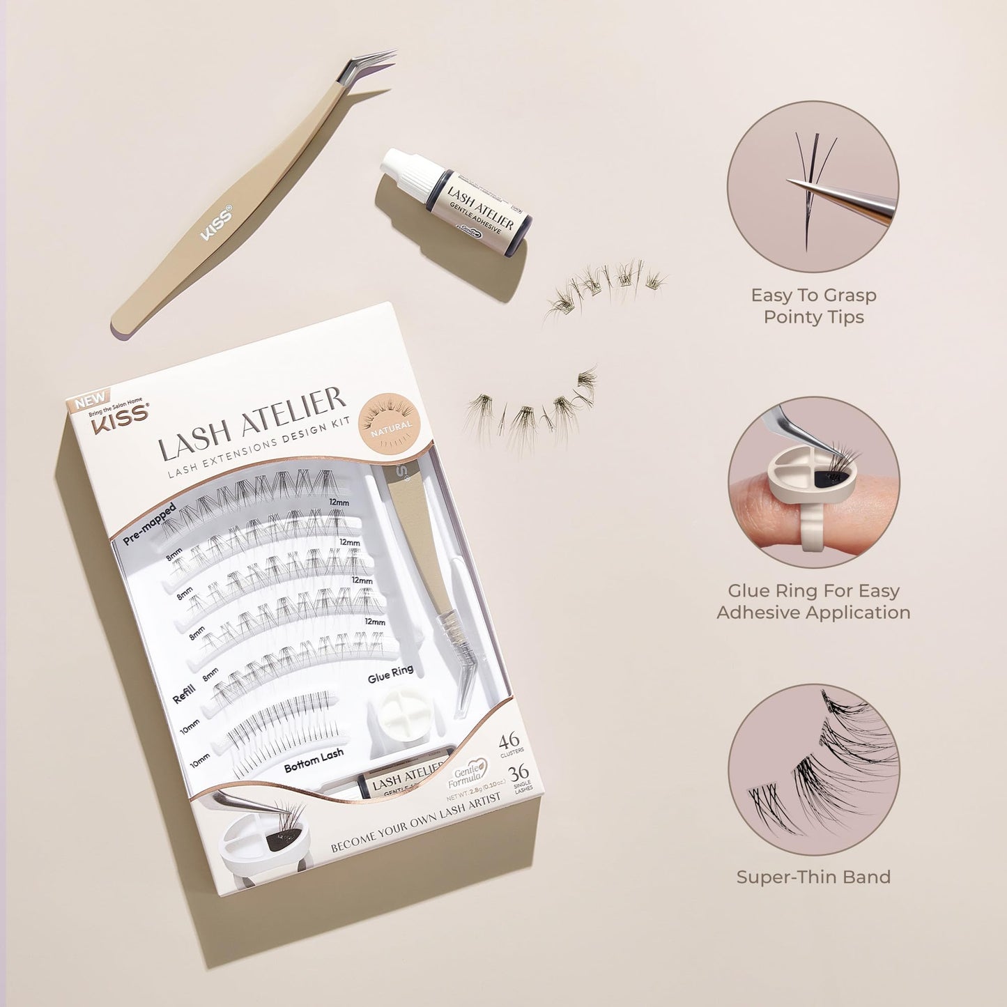 Kiss Lash Atelier Professional Lash Extension Kit, ‘Natural’, Pre-Mapped False Eyelashes, 46 Lash Clusters & 36 Individual Lashes, Last For Up To 7 Days, Glue Ring, Applicator