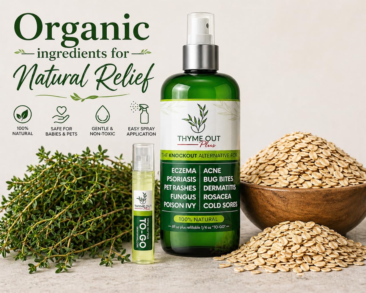 Thyme Out Plus Natural Skin Relief Spray for Eczema, Acne, Bug Bites & Irritated Skin – Safe for Babies, Kids & Pets – Gentle Non-Toxic Face & Body Mist with Organic Thyme + Oat Support