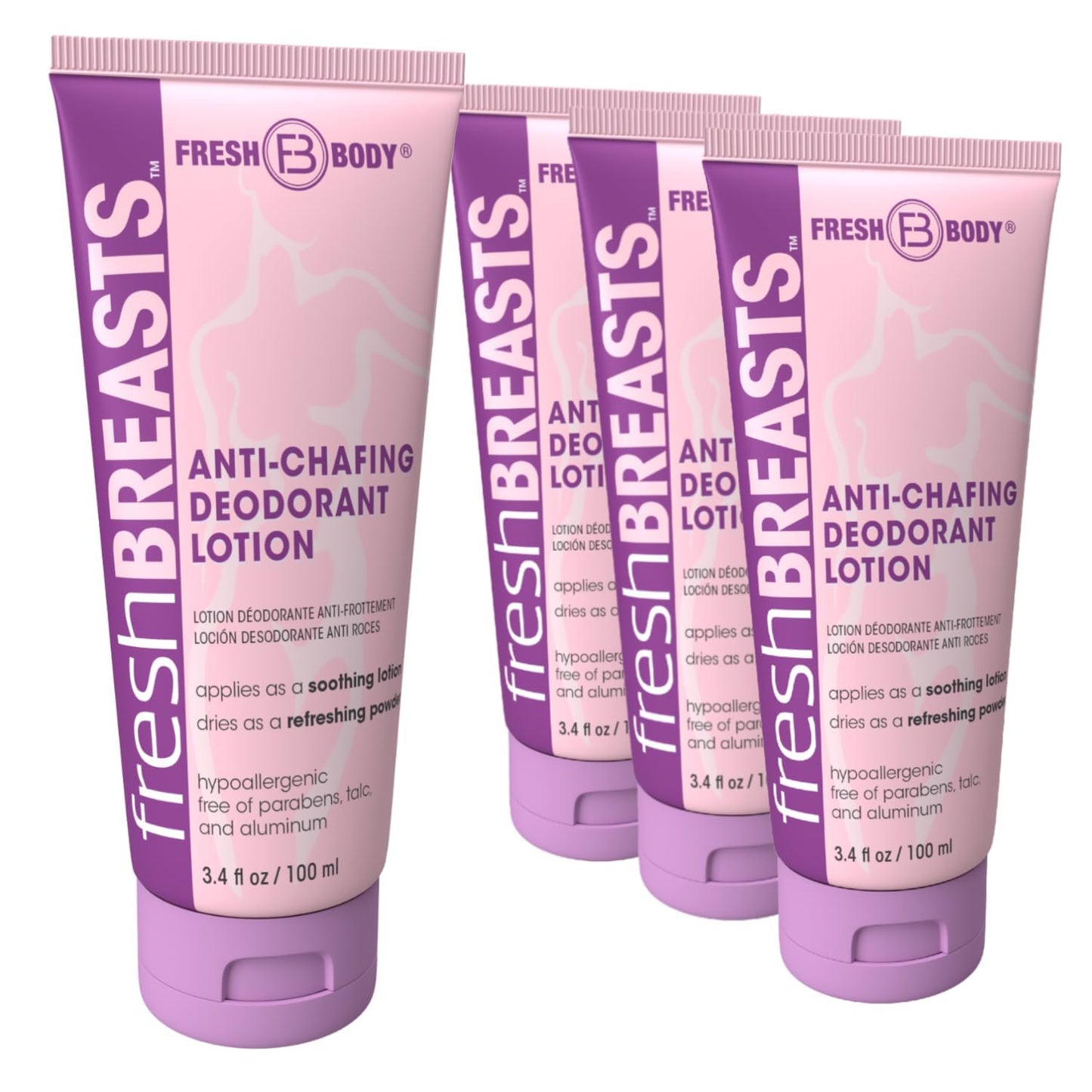 Fresh Breasts Anti-Chafing Cream Deodorant Lotion to Powder, 3.4 Fl Oz (4 Pack) Whole Body Anti-Friction for Women, Inner Thighs & Areas that Sweat, No Talc, Aluminum & Fragrance