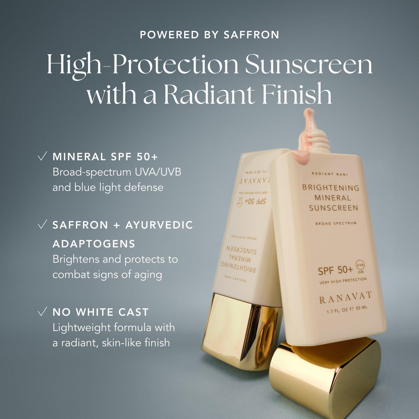 RANAVAT Brightening Mineral Face Sunscreen - Broad-Spectrum SPF 50 Mineral Sunscreen with Zero White Cast - Boosts Radiance & Helps Protect Against Signs of Aging - Safe for Sensitive Skin (50 ml)