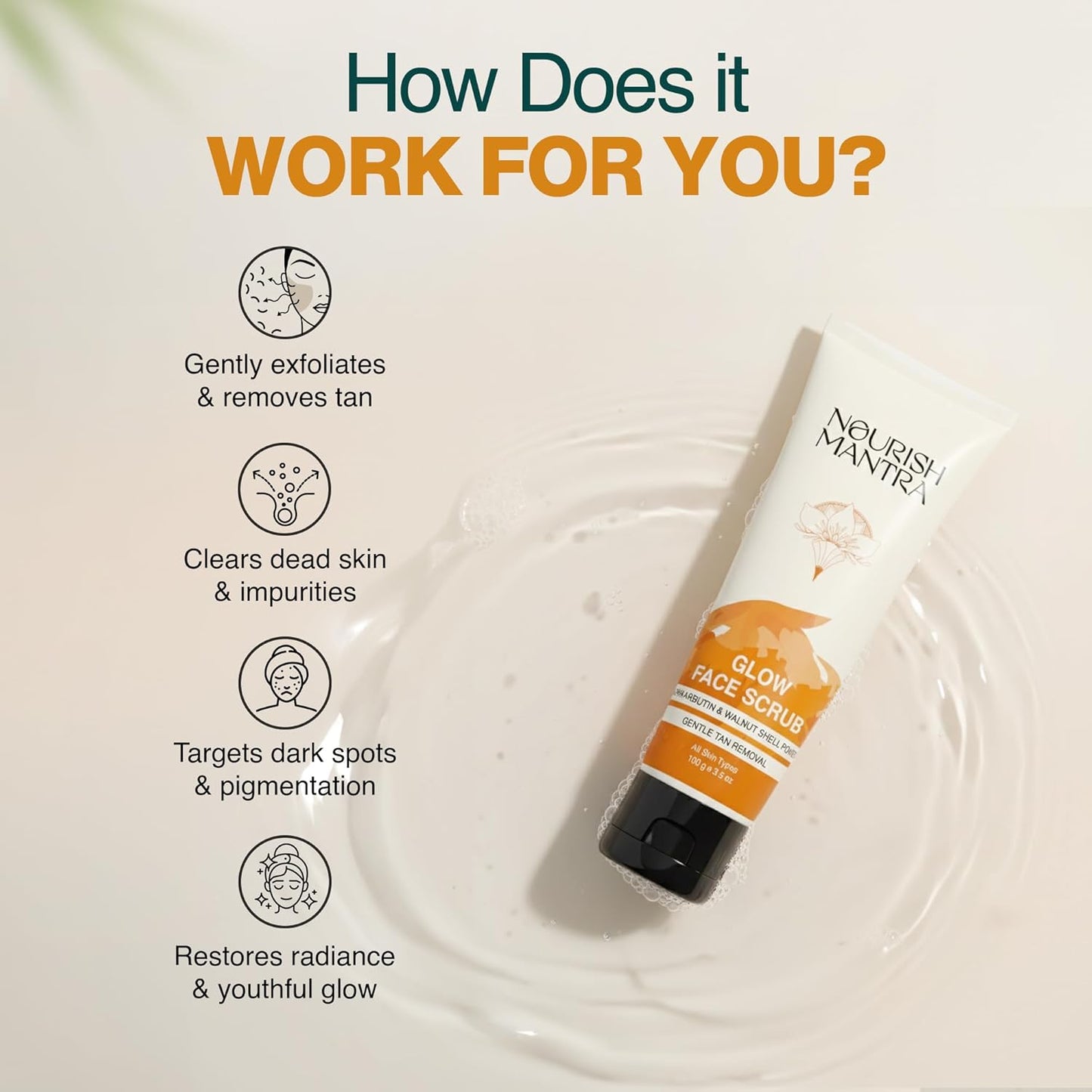 Glow Face Scrub - Tan Removal & Gentle Exfoliation | Walnut Shell Powder, Alpha Arbutin, Hyaluronic Acid | 100 ml, All Skin Types