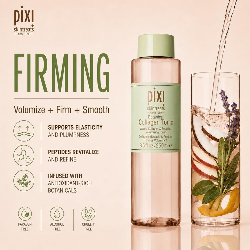 Pixi Botanical Collagen Tonic, Volumizing & Hydrating Toner, Enhanced with Peptides & Botanicals to Firm & Revitalize, Alcohol-Free Daily Moisturizing Toner, 100 ml / 3.4oz