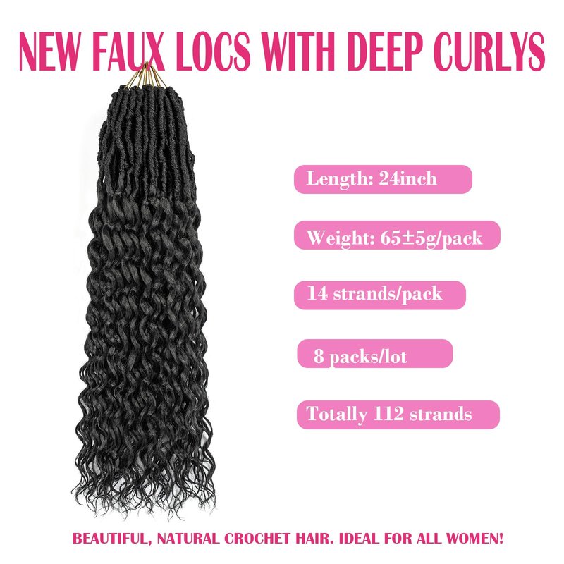 New Faux Locs Crochet Hair 24 Inch 8 Packs Soft Locs Long Deep Waves Goddess Ombre Prelooped Synthetic Dreadlock Extensions (24inch, 1B27)