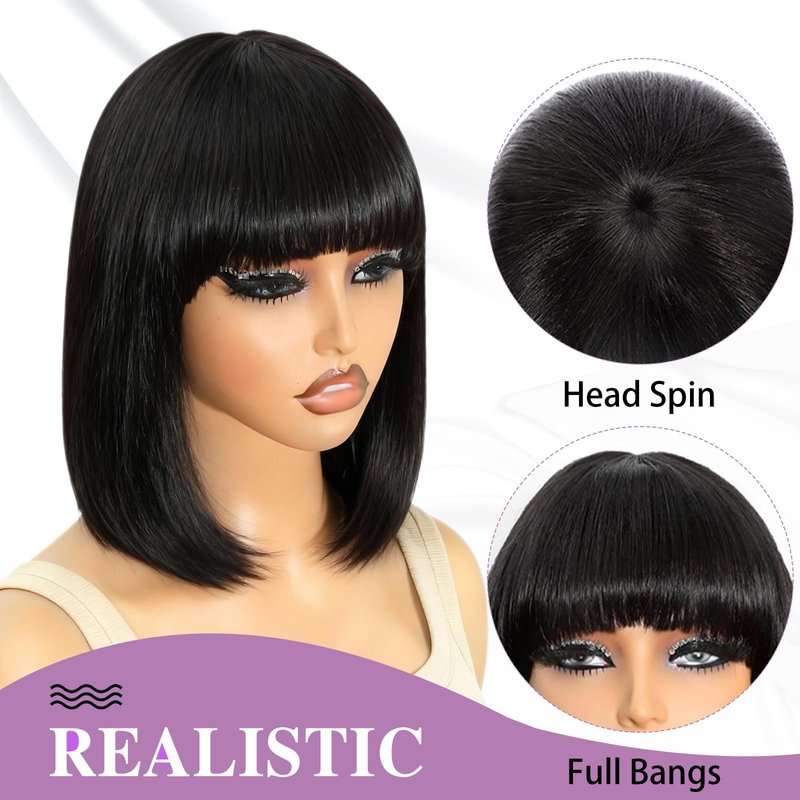 ZHENGON Bob Human Hair Wig with Bangs Silky Straight Glueless Wigs Human Hair 150% Density Black Bob Wig with Bangs None Lace Machine Made Wigs for Black Women 10Inch