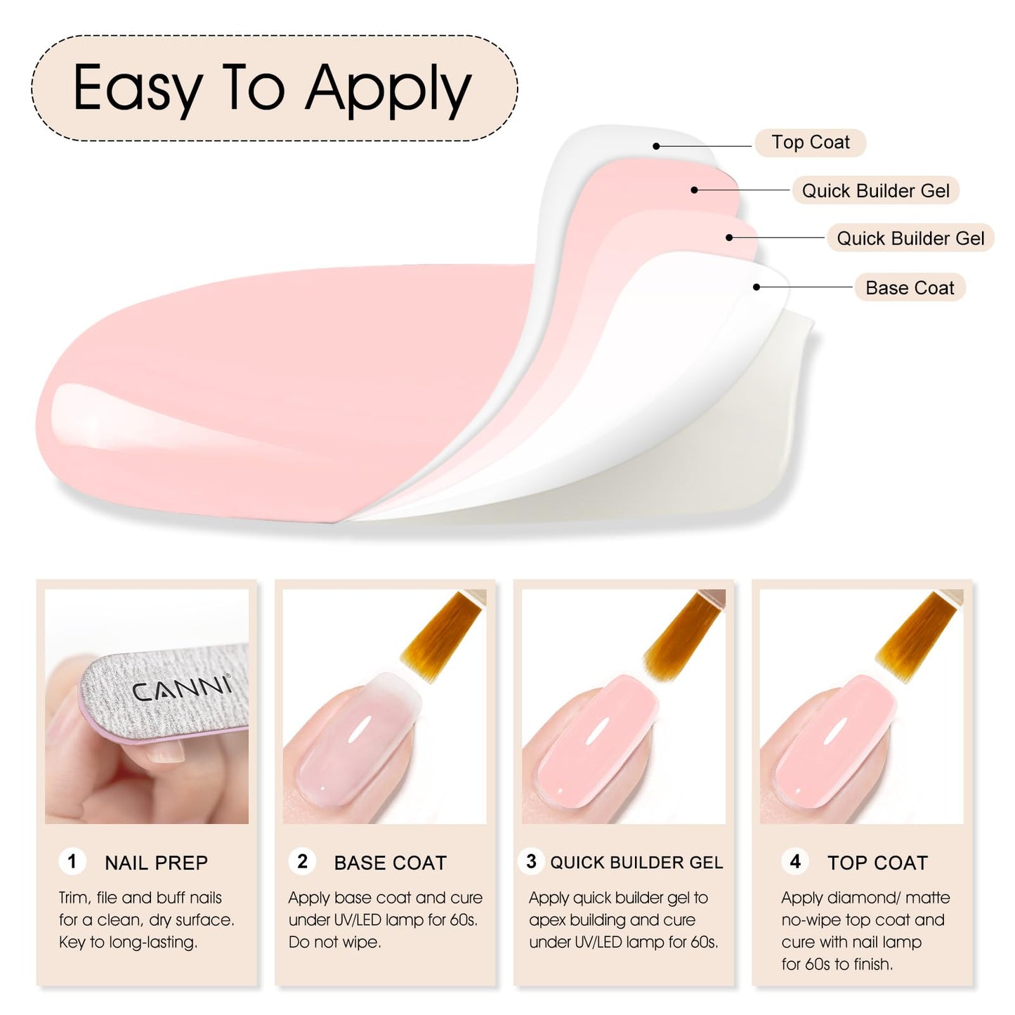 CANNI Quick Builder Nail Gel For Nails Set – 6 Colors 9ML Clear White Pink, Soak Off UV LED Nail Extensions & Strengthening, Self-Leveling Builder Gel for DIY Manicure & Salon Use Women