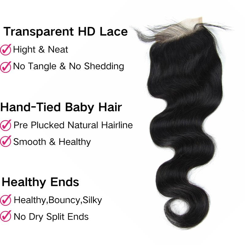 4x4 Lace Closure Body Wave - Transparent HD Free Part Invisible Lace Closure 100% Brazilian Virgin Human Hair Pre Plucked with Baby Hair Natural Black 12A Grade (16 Inch)