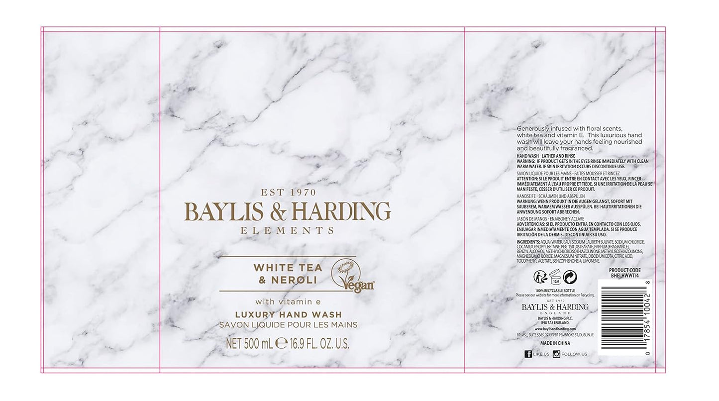 Baylis & Harding Liquid Hand Soap - White Tea & Neroli Scent | 16.9oz Dispenser (3-Pack)