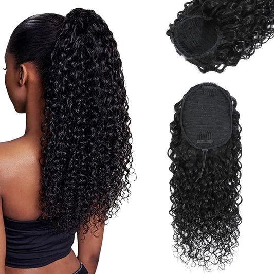 Yacurcur Water Wave Drawstring Ponytail Brazilian Remy Human Hair Ponytail Extensions for Black Women Ponytail Extension Human Hair Pieces Natural Black 18 Inch