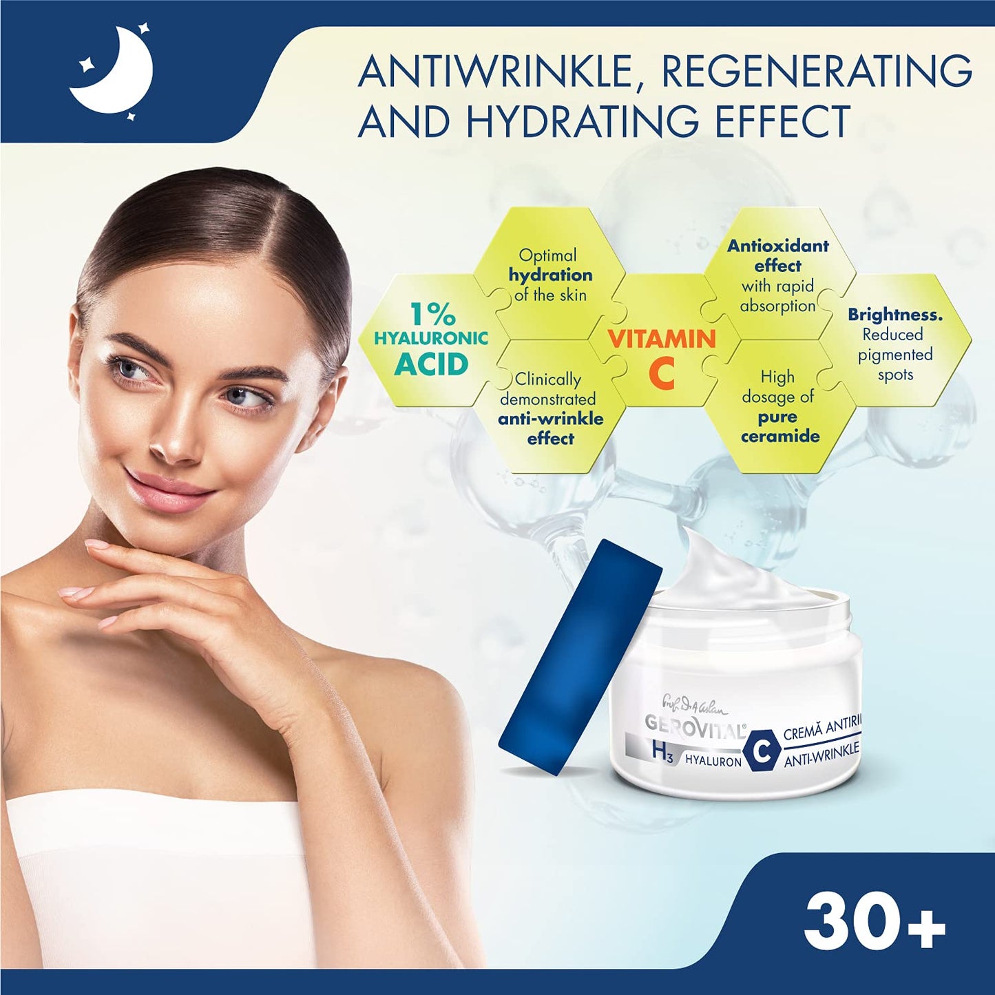 Gerovital Hyaluron C Anti-Wrinkle Night Cream - Hyaluronic Acid & Vitamins C/E | 50 ml for Dry/Normal Skin