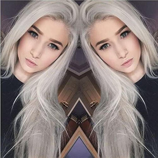 xiweiya Long Silver Blonde Lace Front Wigs Light Silver Synthetic Lace Front Wig 13x3 Lace Silver Grey Wig Heat Resistant Fiber Half Hand Tied Middle Part for Women Drag Queen 24inch