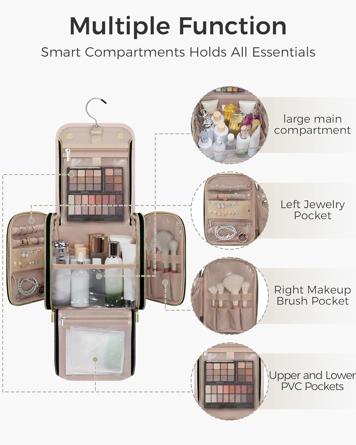 Large Capacity Hanging Toiletry Bag - PU Leather Makeup Organizer with Jewelry Compartment | Pink