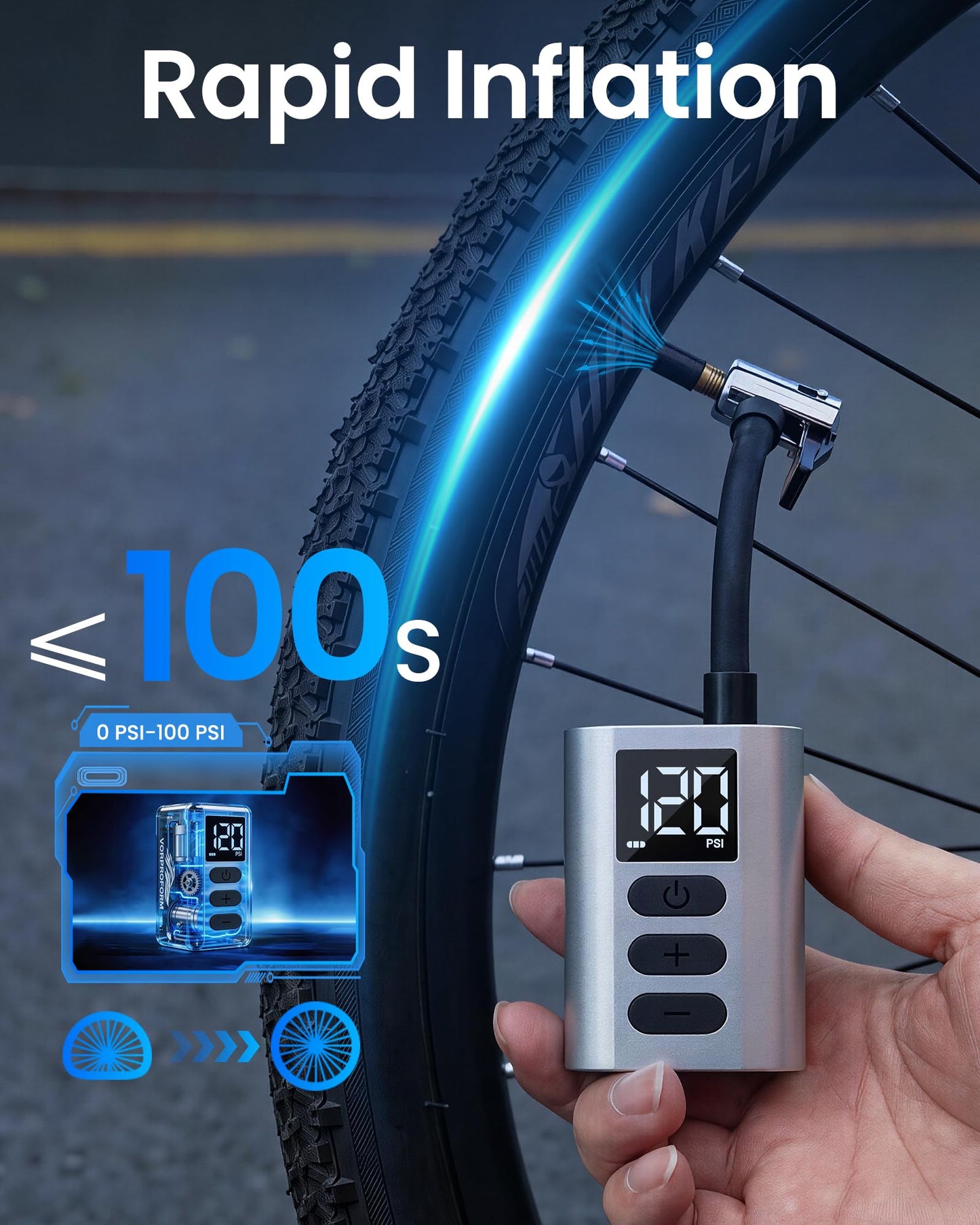 Vorproform Electric Bike Pump, 120 PSI Fast Inflate Bicycle Tire Pump with Guage, Auto Stop Mini Bike Pump with Presta and Schrader Valve, Suitable for MTB, Road Bike, E-Bike, Balls