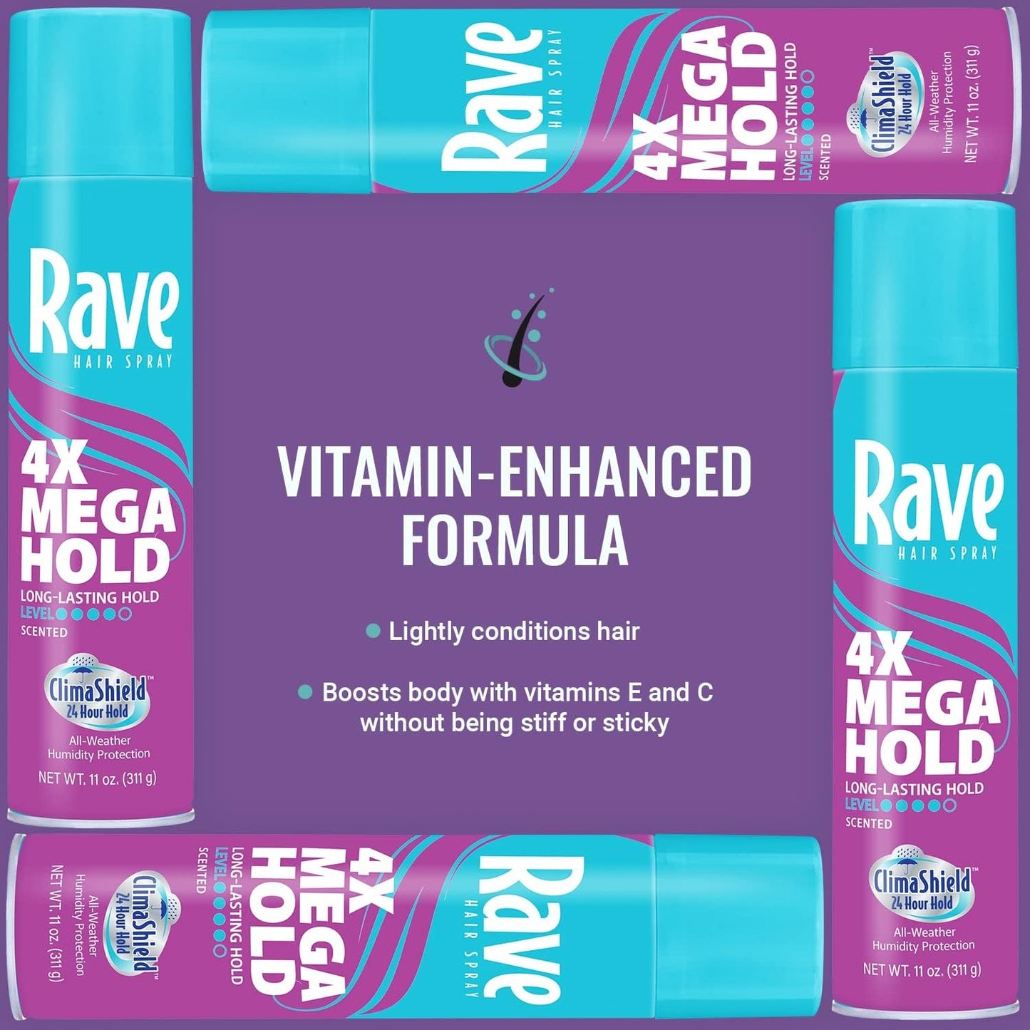 Rave 4X Mega Long-Lasting Firm Hold Scented Hair Spray for Heat Protection, Volume and Shine - ClimaShield for Extra Humidity & Minimizes Frizz - 4 pc