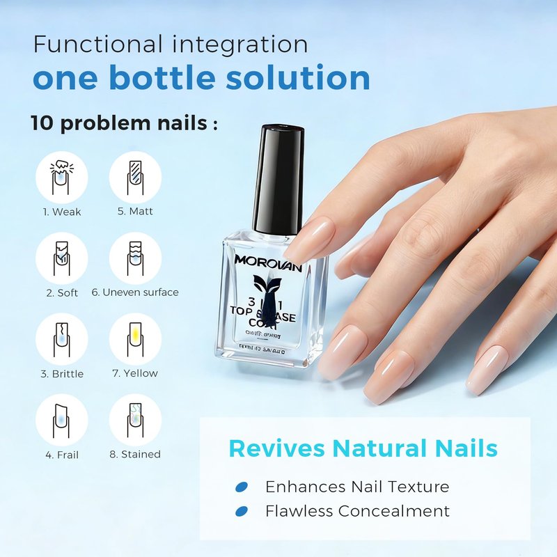 Morovan Base Coat Nail Strengthener: 3 IN 1 Nail Growth Top Coat Clear Quick Dry Nail Polish Strong Repairs Damaged Nail Hardener Long Lasting Shine No Chip Fingernail Treatment Care for Women Girls
