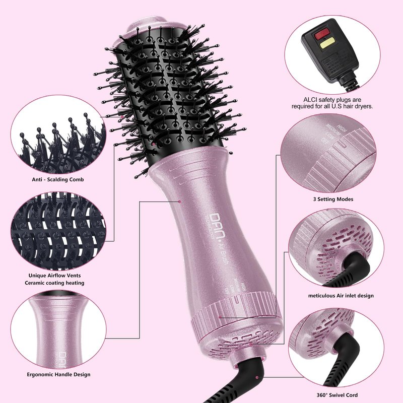 DAN Technology Auto Dual Voltage Hair Dryer Brush,110V-120V/220V-240V,Travel Brush Hair Dryer,Small Blow DryerBrush,one Step Hair Dryer and volumizer for Women