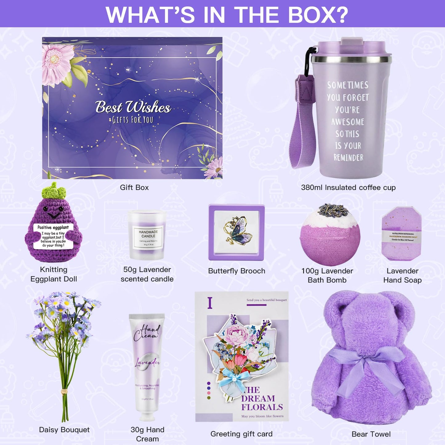 Gifts for Women, Birthday Gifts for Women, Gift Baskets for Women Best Friends Mom Her Sister Wife Girlfriend Coworker, Lavender Spa Gift Set with Emotional Support Eggplant Doll for Christmas Gifts