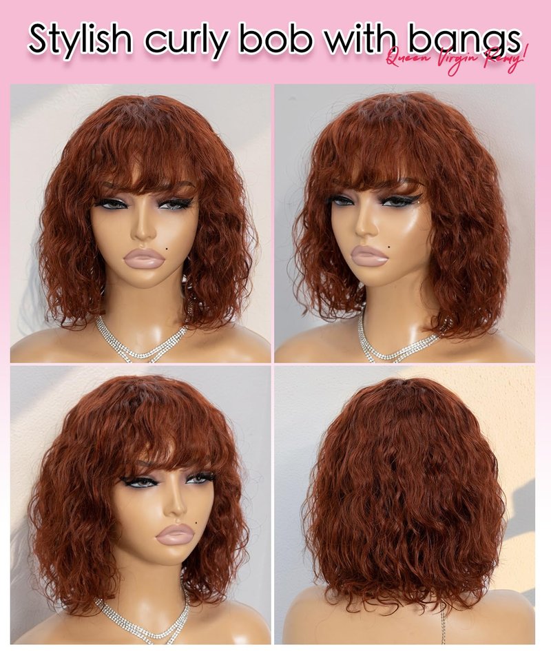 Queen Virgin Remy Short Curly Wig - Human Hair Bob with Bangs for Black Women | Ginger Orange