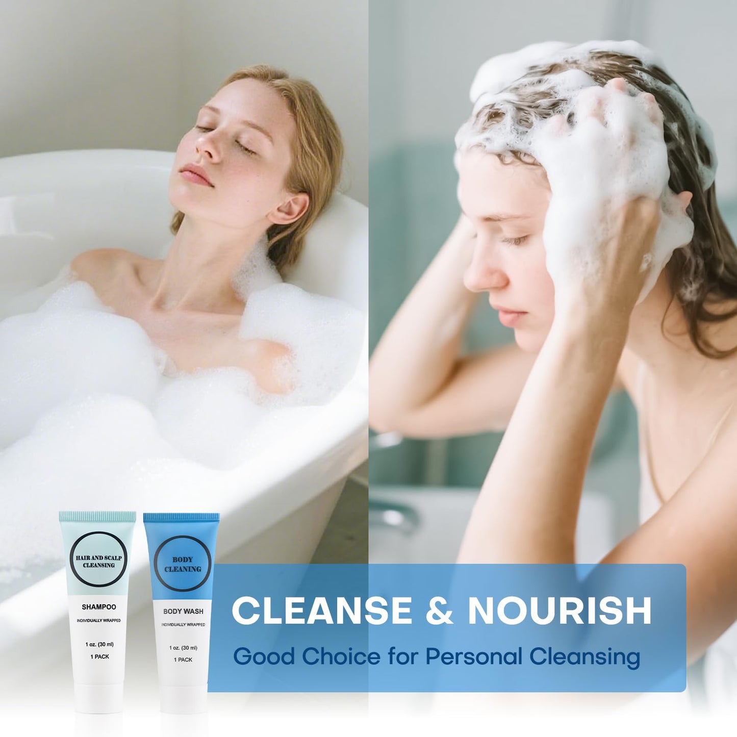 RSQAZQ Travel Size Shampoo and Body Wash Bulk, Individually Wrapped Hotel Mini Shower Gel and Small Men Women Cleansing Toiletries Amenities for Hotel/Vacation/Homeless 1 oz (3.7inch, Count, 100)
