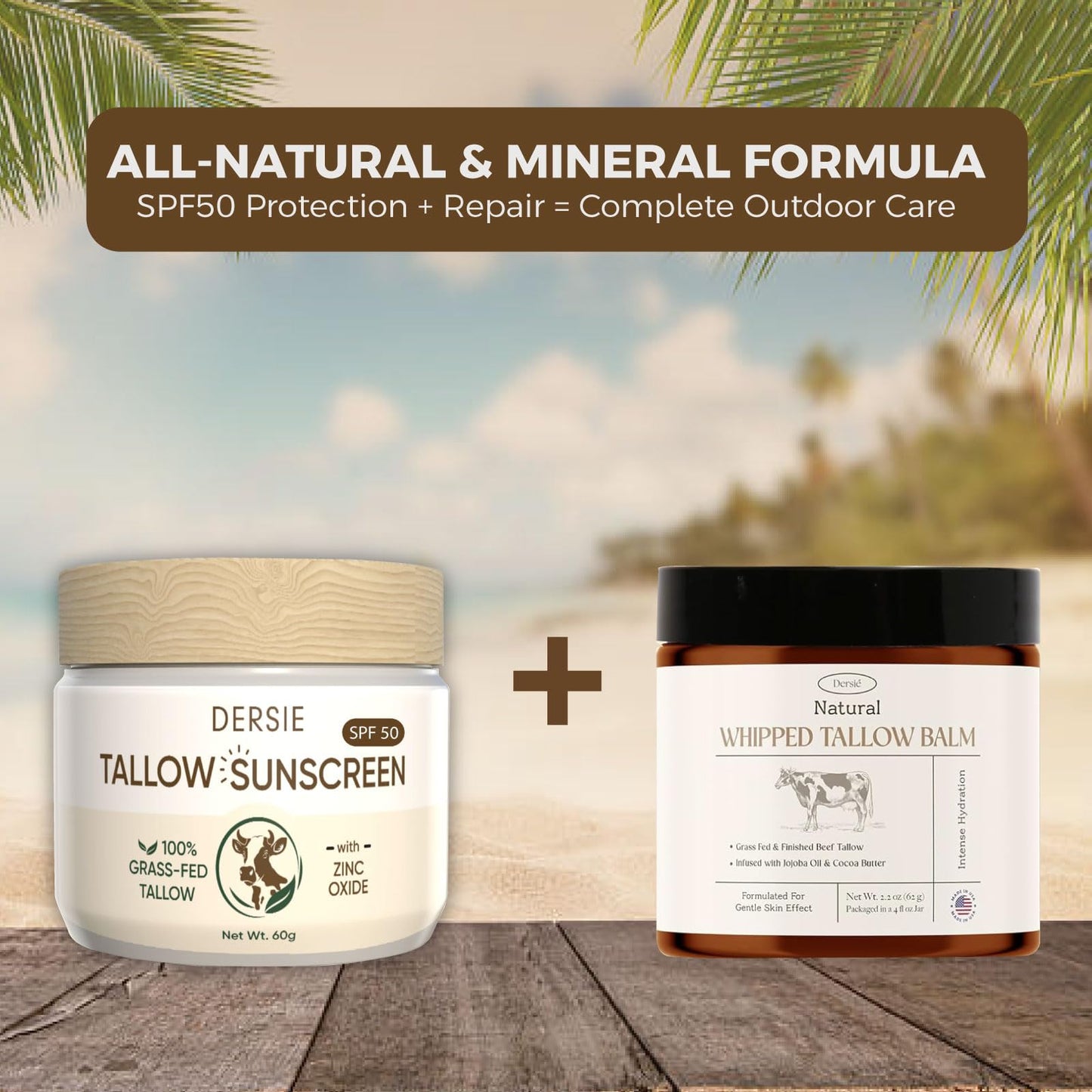 Dersie Tallow Sunscreen SPF 50 – Mineral UV Defense with Non-Nano Zinc Oxide – Face & Body Sun Protection for Adults & Kids – 100% Grass-Fed Beef Tallow for Moisture Retention & Skin Comfort (2.1 oz)