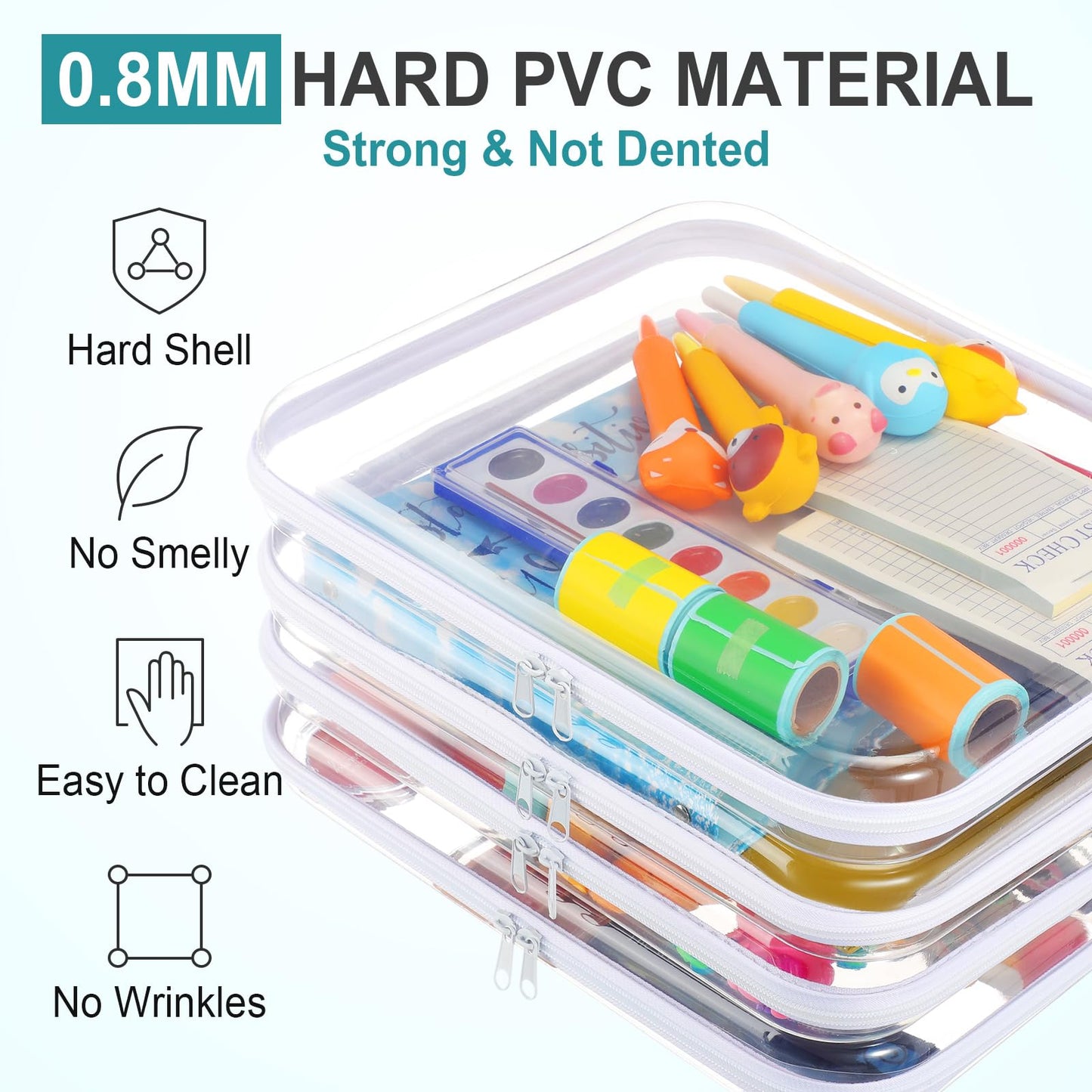 Hoolerry 4 Pcs Hard Clear Zipper Case Makeup Bags Plastic Zipper Pouch Transparent Storage Box Containers for Cosmetics, Snacks, Building Blocks, Puzzles(Clear,13.8 x 11.8 x 2 in,White)