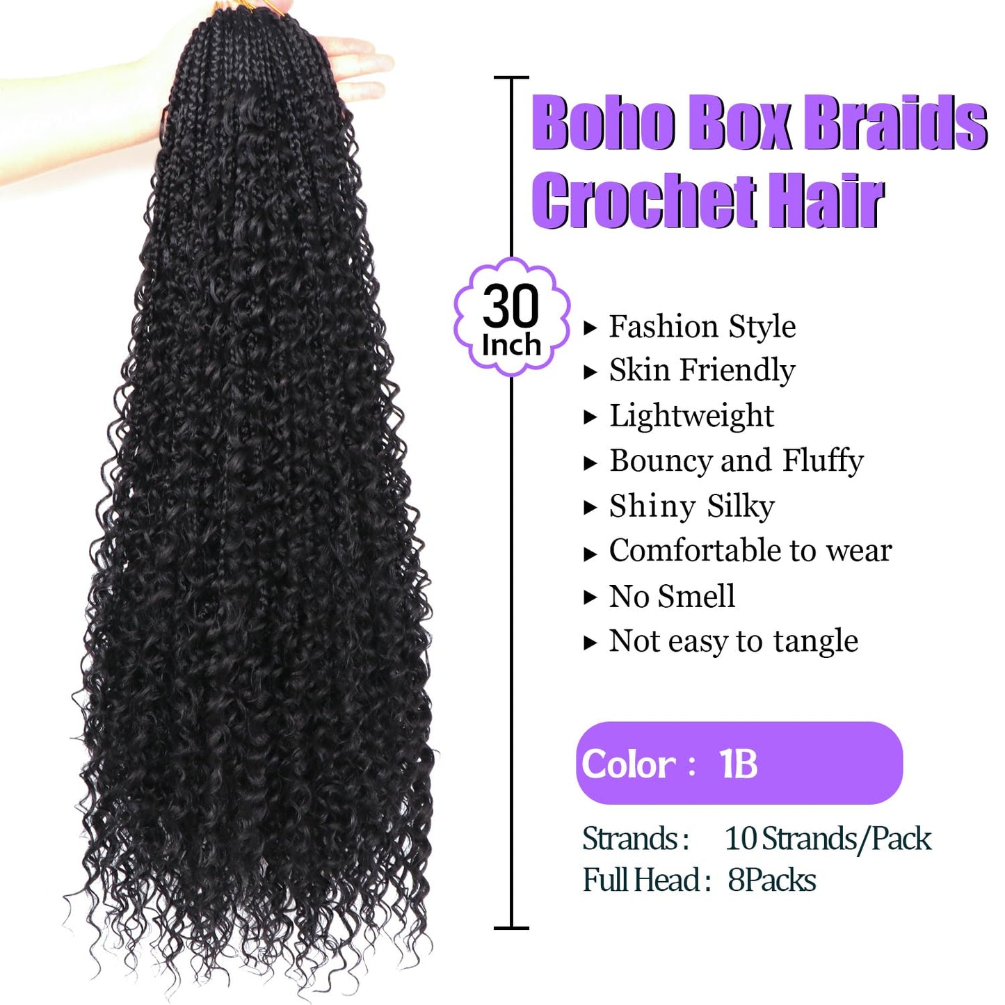 Goddess Box Braids Crochet Hair for Black Women-8 Packs 30 Inch Boho Crochet Braids Pre Looped with Curly Ends (1B Black, 30 inch(four curly hair))