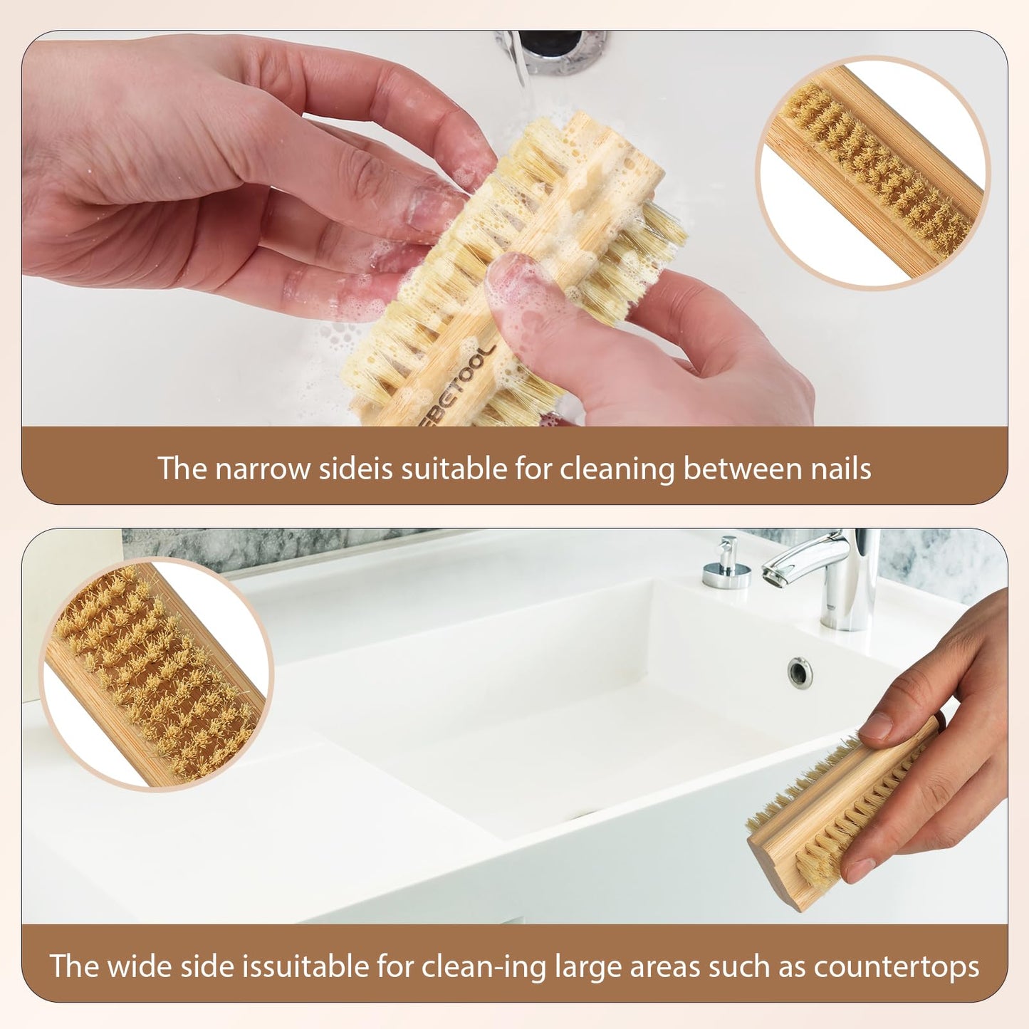 DEBETOOL Bamboo Nail Brush- 3PCS Wooden Firm Nail Brush for Cleaning Fingernails,Two-Side Nail Scrubber Brush for Cleaning Under Nails