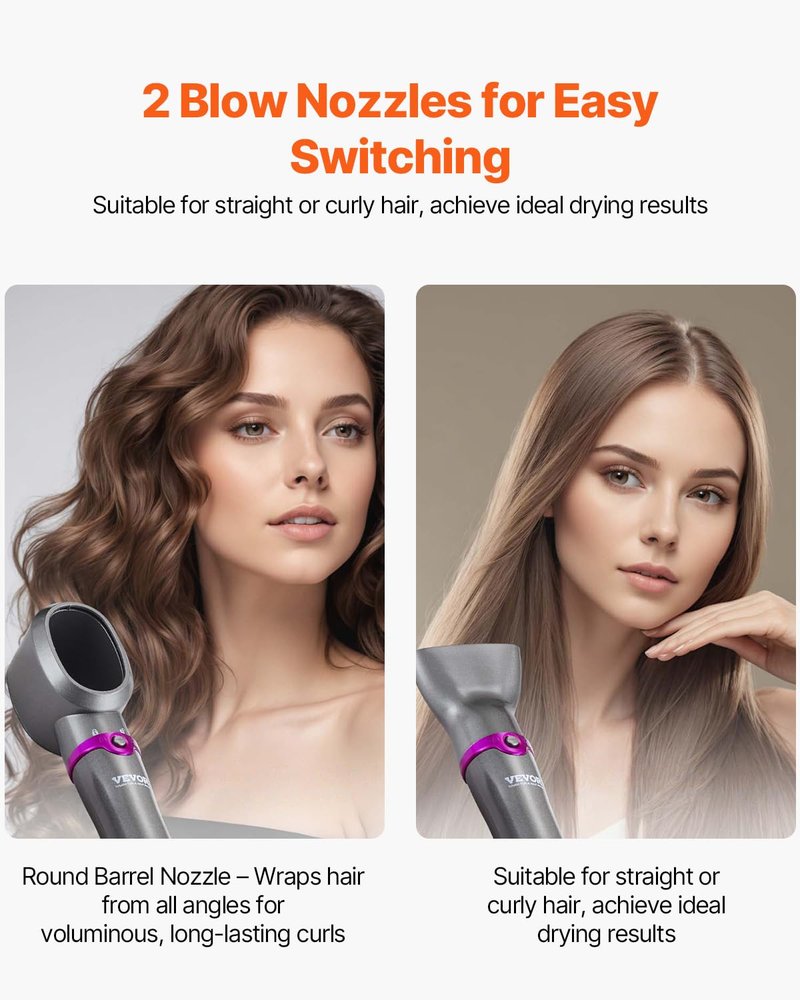 VEVOR Hair Air Styler and Dryer Brush, 5-in-1 Multi Hair Styler with 3 Brushes & 2 Nozzles, Ionic Blow Dryer Brush, Reduced Heat Damage, High-Speed Styling Tool for Volumizing Straightening Curling