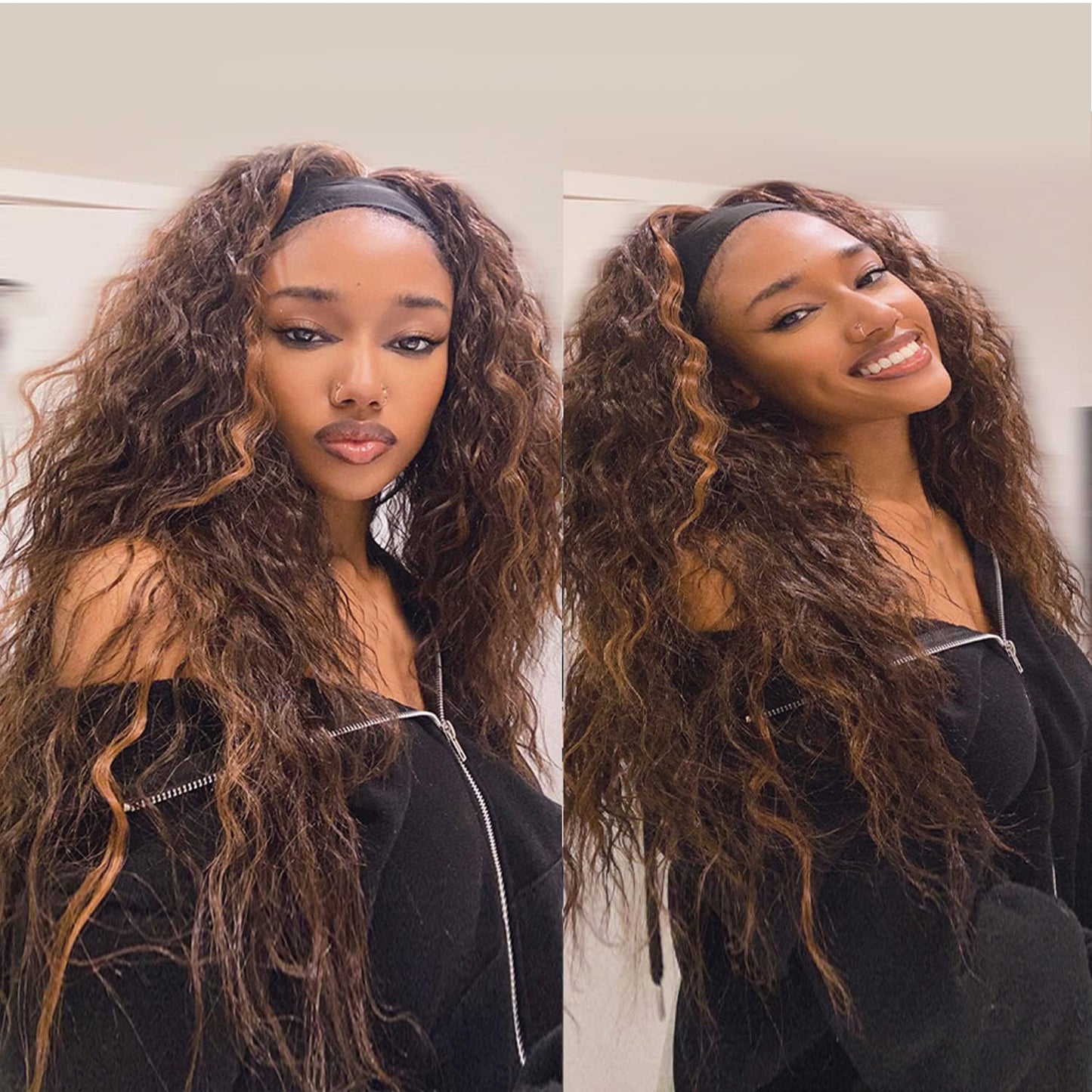 SOMIARIK Headband Wigs for Black Women Natural Hairline Synthetic Brown Loose Curly None Lace Front Wigs for Black Women Glueless Machine Made Wig Wavy pre plucked 26 Inch