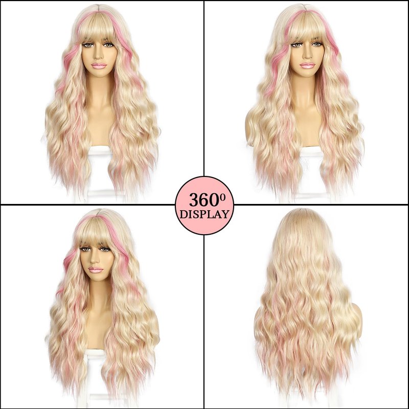 SAPPHIREWIGS Blonde Wig with Bangs Long Loose Wavy Wig Highlight Pink Hair Synthetic Heat Resistant Fiber Hair for Women Daily Party Use 26inch