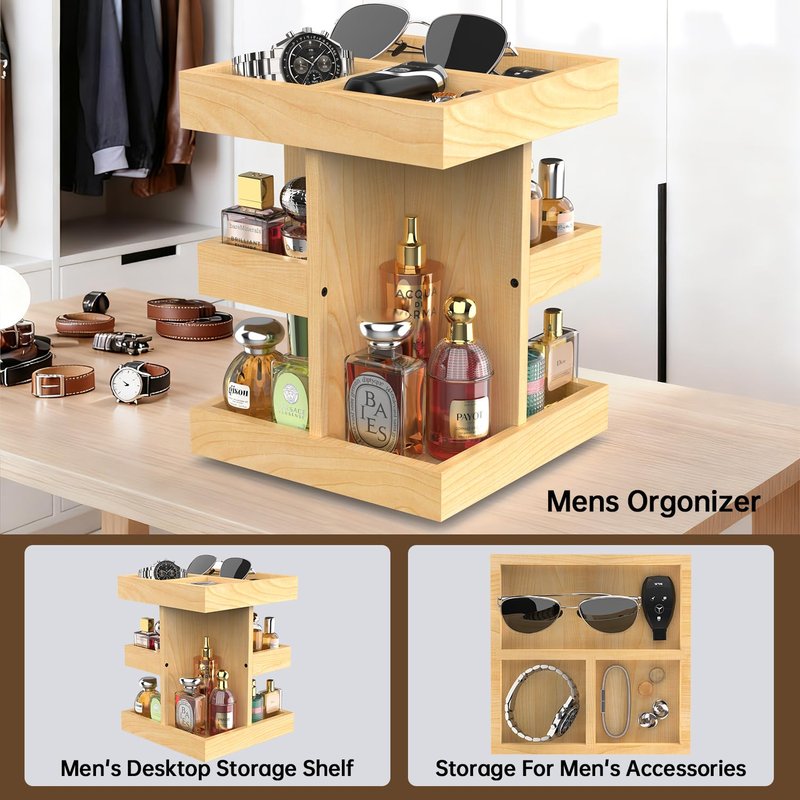 VLXXOI Cologne Organizer for Men Rotating Bathroom Counter Organizer, 3-Tier Solid Wood Storage Caddy, 360-Degree Rotating Stand, Burlywood (Burlywood A)