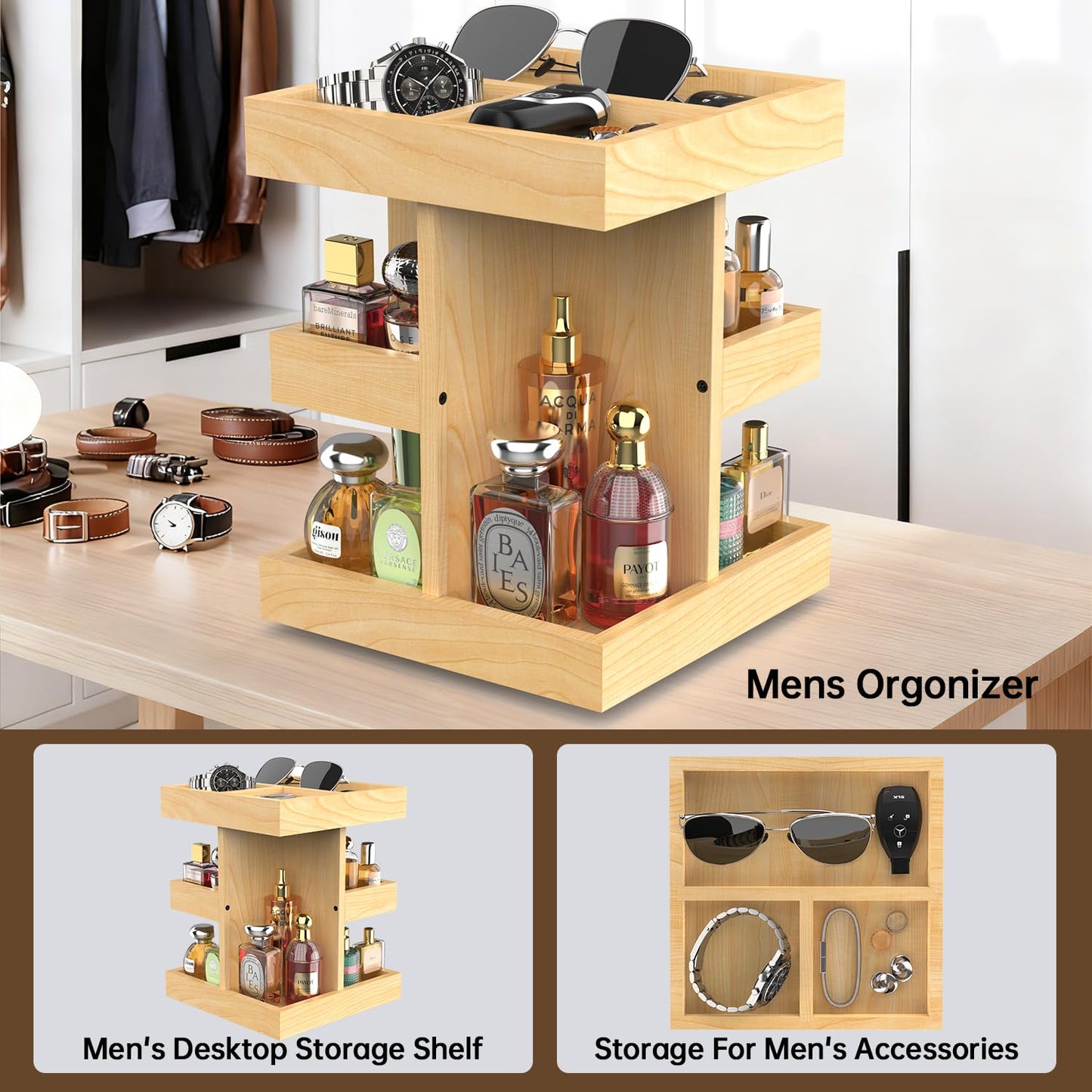 VLXXOI Cologne Organizer for Men Rotating Bathroom Counter Organizer, 3-Tier Solid Wood Storage Caddy, 360-Degree Rotating Stand, Burlywood (Burlywood A)