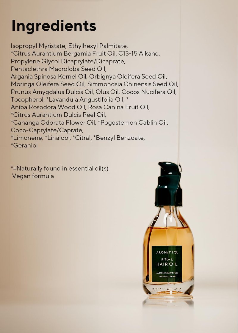 AROMATICA Ritual Jasmine & Vetiver Hair Oil - Adds Shine and Smooths Split Ends - Blow Out Hair Serum for Damaged & Frizzy Hair - Nourishing for Dry Curly Hair - Silicone-Free (1.6 fl oz)