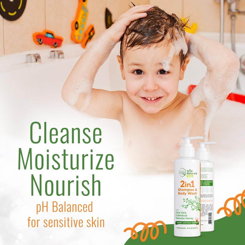 Wild Naturals Kids Shampoo and Body Wash - Hypoallergenic Baby Shampoo and Organic Baby Wash - Gentle and Moisturizing Kids Soap and Toddler Body Wash - Natural Kids Body Wash for Sensitive Skin