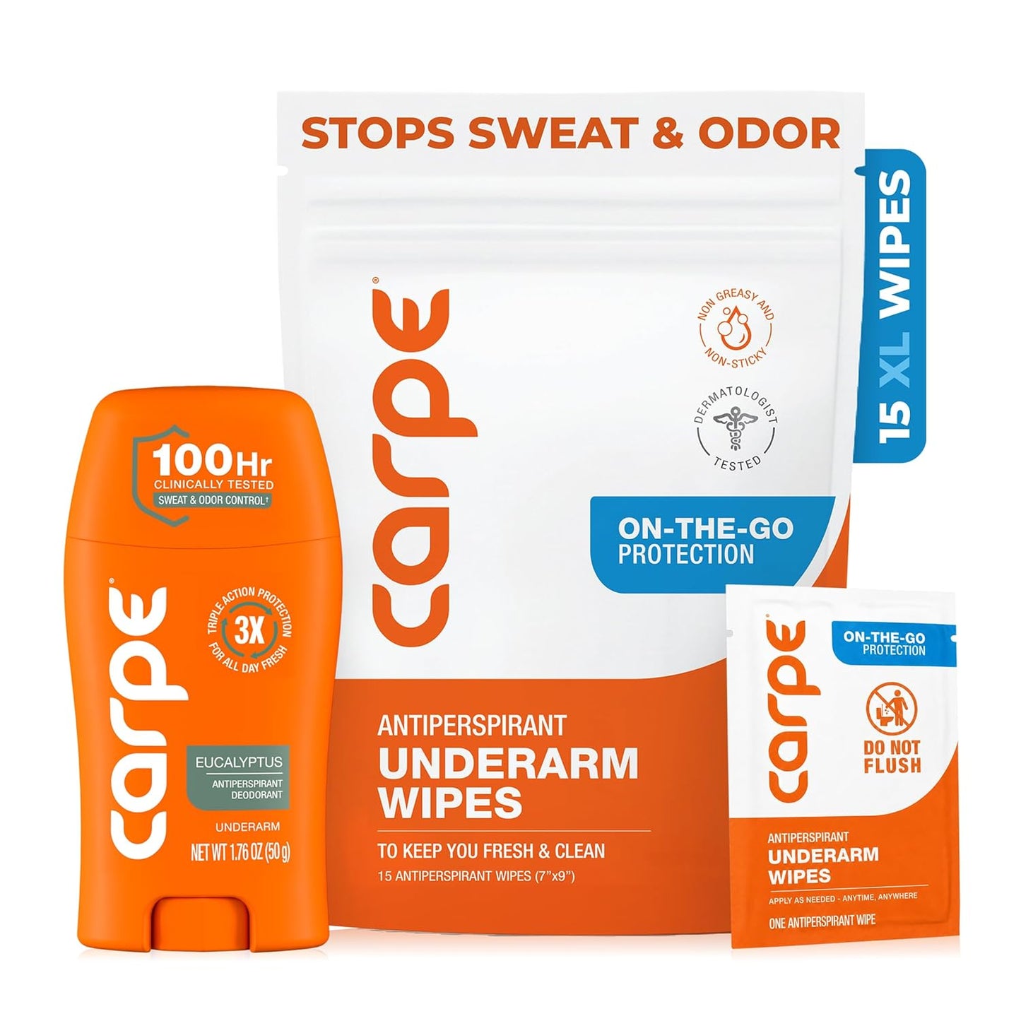 Carpe Antiperspirant Wipes - Clinical Strength Underarm & On-The-Go Sweat Control | 15 Individual Wipes for Hyperhidrosis