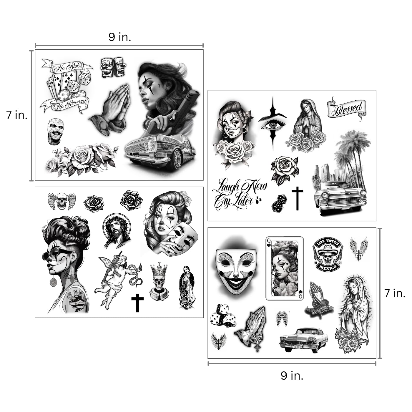 Los Vatos Chicano Bundle - Cholo and Chola Temporary Tattoos For Men Women, Payasa, Lowrider, Virgin Mary, Prayer, Cross, Chicana, Gangster, Fake Tattoo, Día de Muertos, Tatuajes Temporales