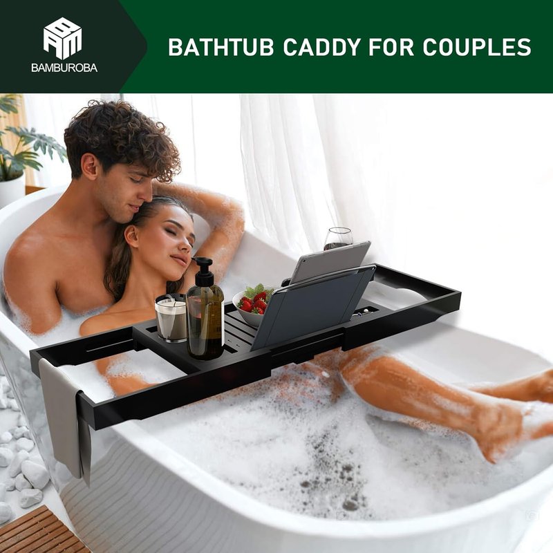 Foldable Bamboo Bathtub Caddy Tray - Expandable Luxury Bath Organizer with Wine Glass Holder & Book Stand | Black