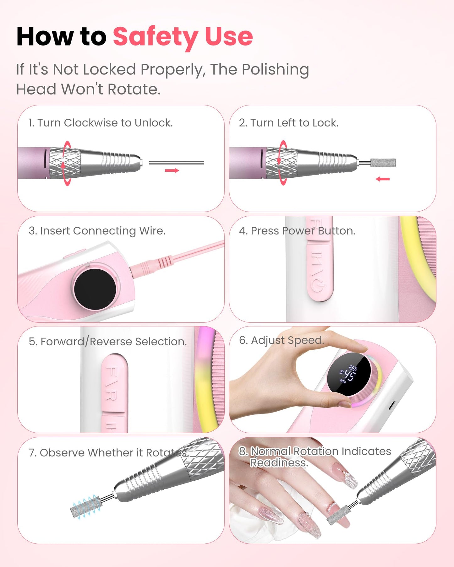KISUFU Professional Nail Drill for Nail Technicians - 45000RPM Electric Nail File with 1800mAh Battery - Portable E-File with Digital Display and Belt Clip - Gradient Pink Manicure Set with 6 Bits.