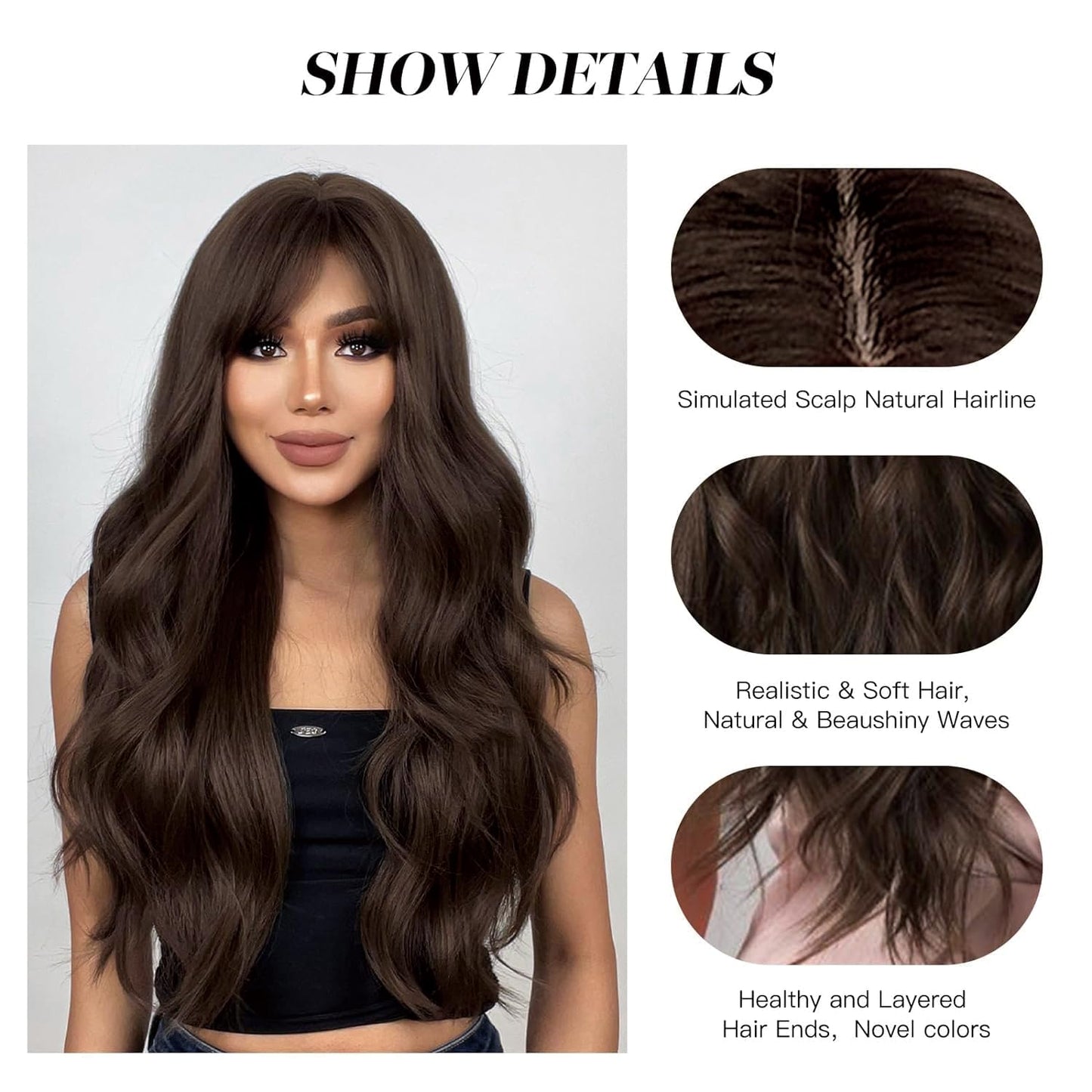 YOUGRACE Dark Brown Wig with Bangs, Wavy Wigs for Women Synthetic Hair Wig for Daily Party Use 26 Inch